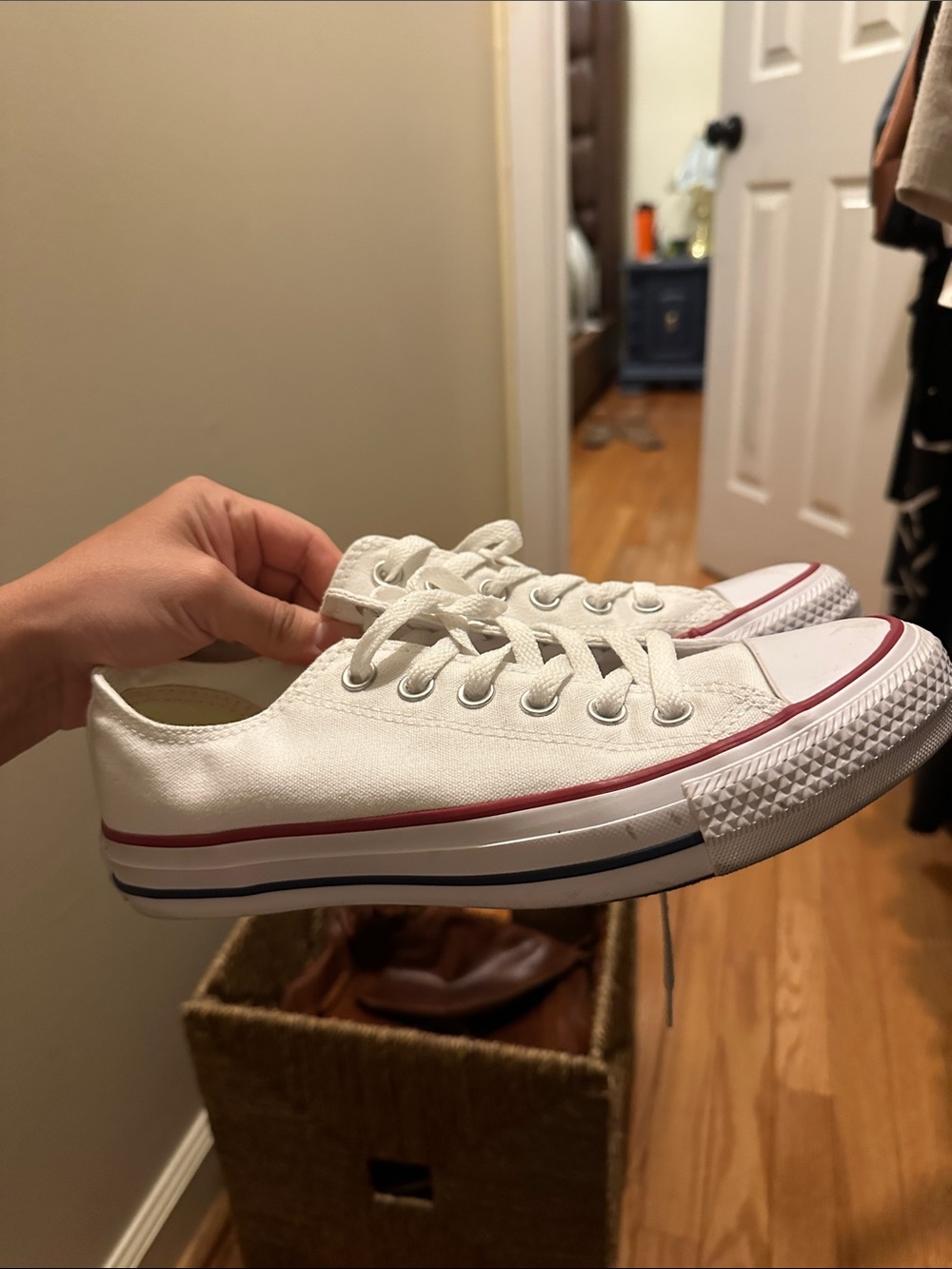 Converse White Low-Top Sneakers with Red & Navy Side Stripes